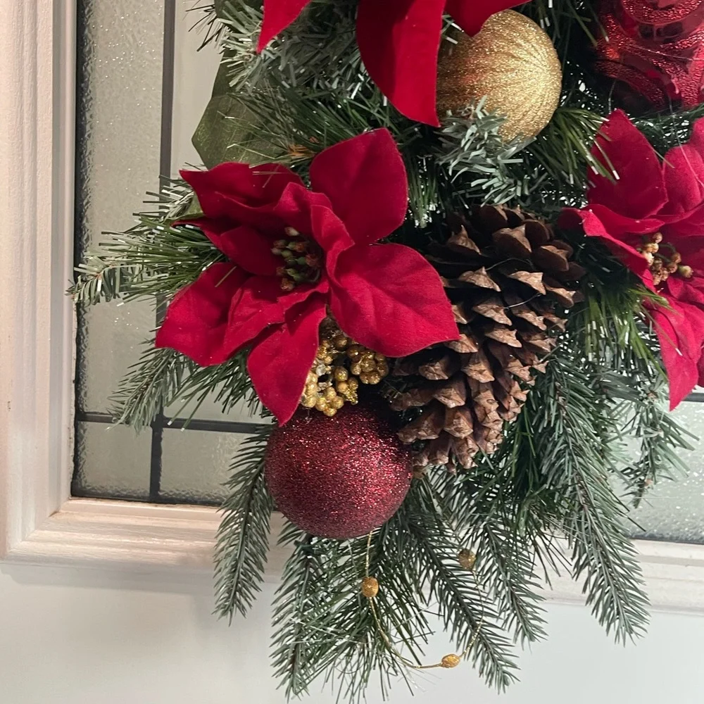 **Burgundy Poinsettia Christmas Teardrop Swag Wreath Front door